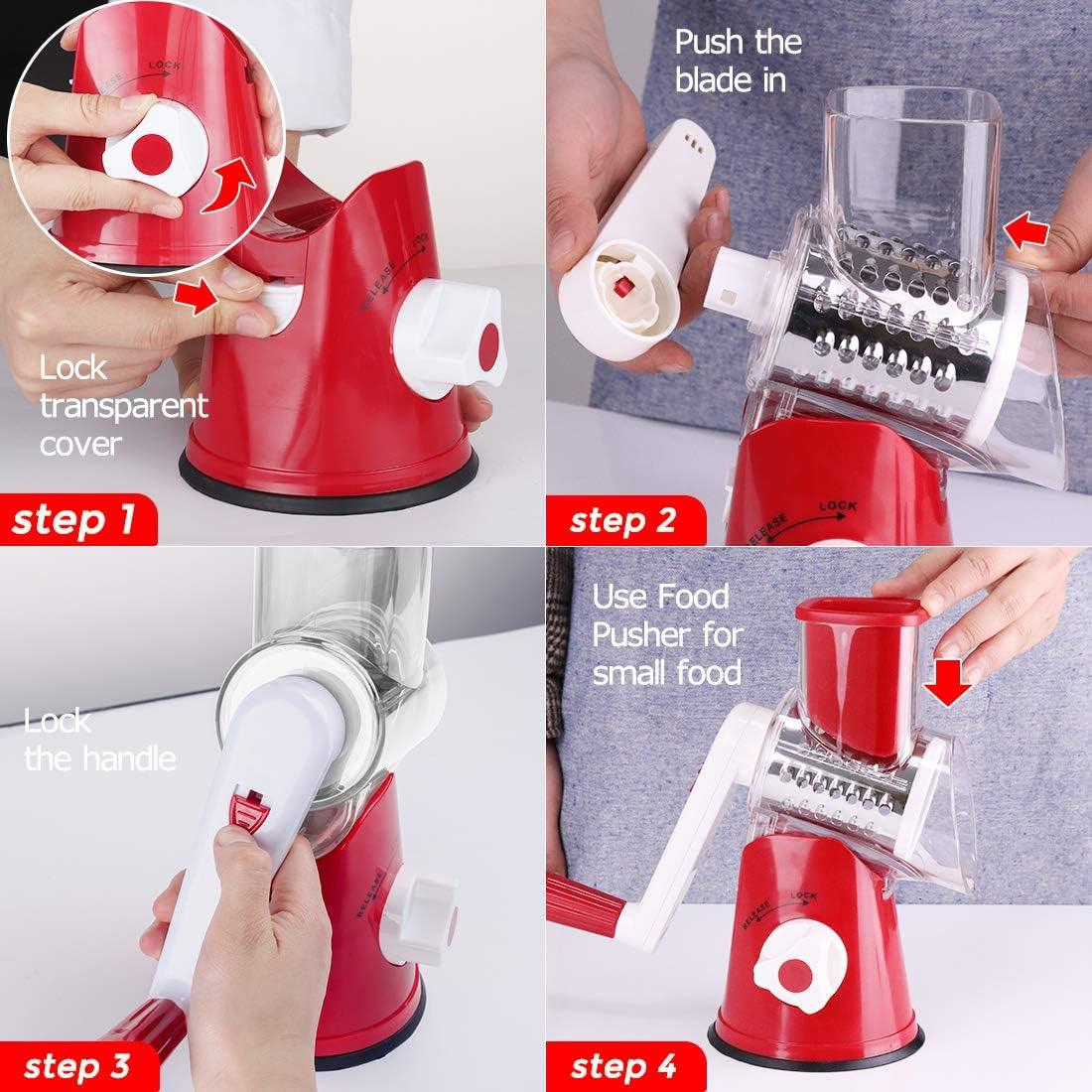 Manual Rotary Cheese Grater round Mandoline 3 Drum Blades Vegetable Slicer with Non-Slip Base Cheese Shredder Walnuts Grinder with Cleaning Brush Vegetarian Peeler Red - My Store