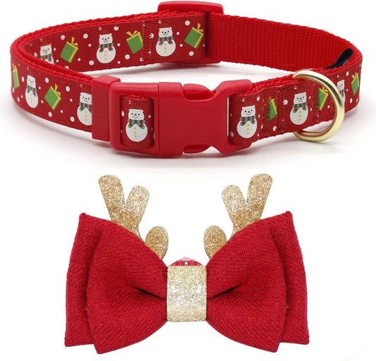 Christmas Dog Collar Adjustable Xmas Dog Collar with Christmas Antler Bow Tie Accessories Snowman Dog Collar for Medium Dogs - My Store