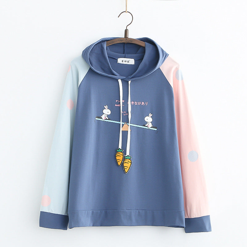 Sweet Rabbit Print Thin Hooded Sweater Female Junior High School Students Spring New Women'S Blouse