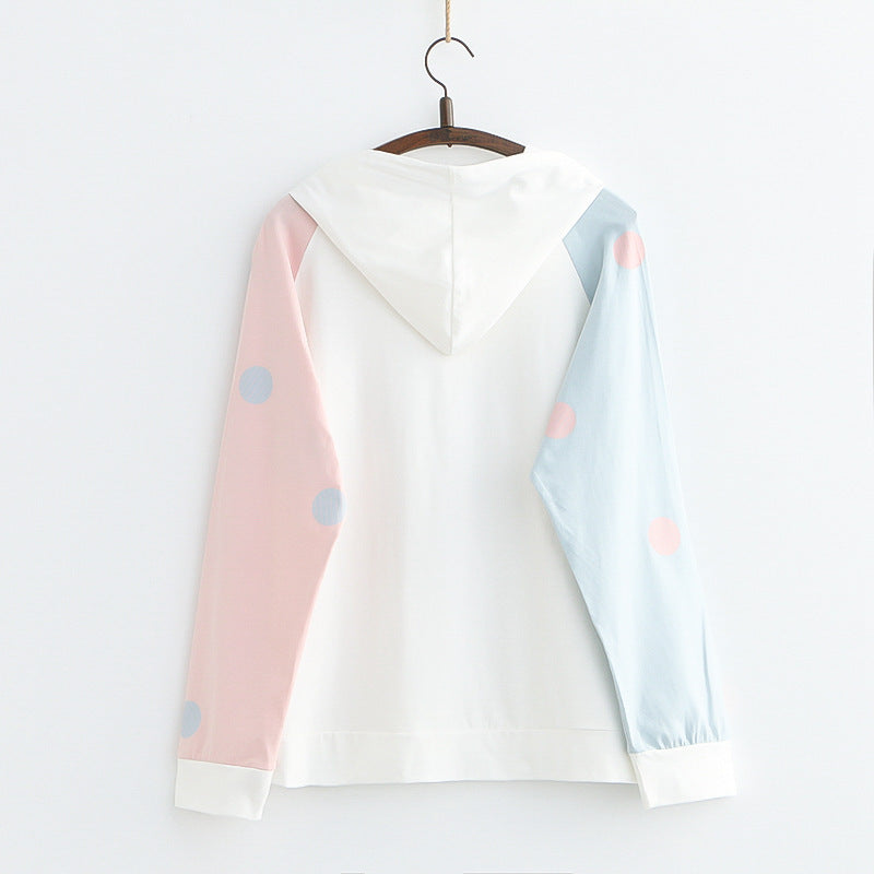 Sweet Rabbit Print Thin Hooded Sweater Female Junior High School Students Spring New Women'S Blouse