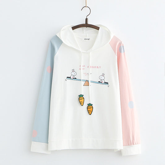 Sweet Rabbit Print Thin Hooded Sweater Female Junior High School Students Spring New Women'S Blouse