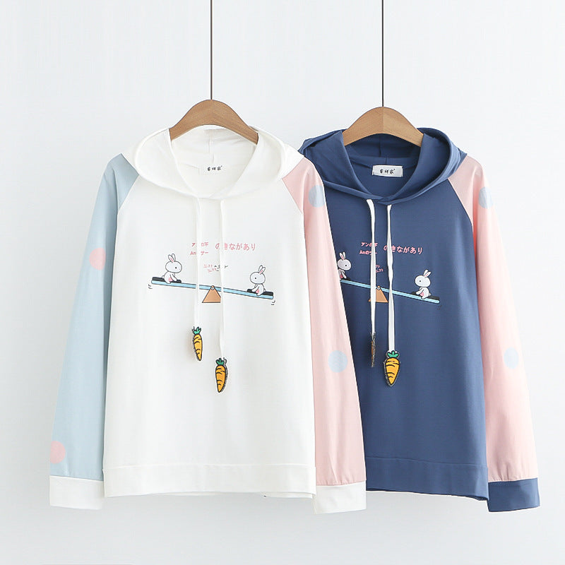 Sweet Rabbit Print Thin Hooded Sweater Female Junior High School Students Spring New Women'S Blouse