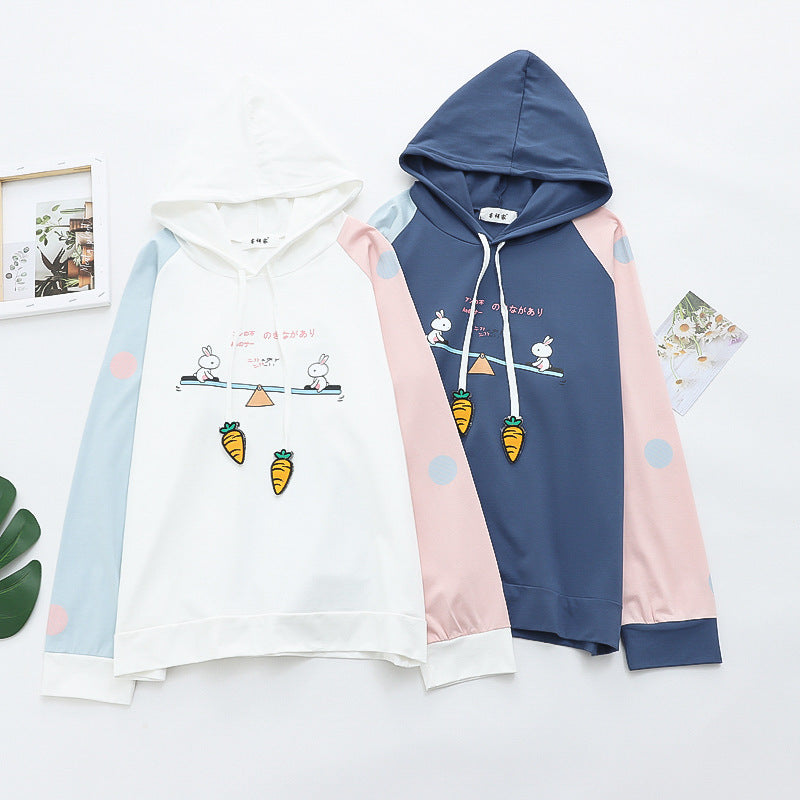 Sweet Rabbit Print Thin Hooded Sweater Female Junior High School Students Spring New Women'S Blouse