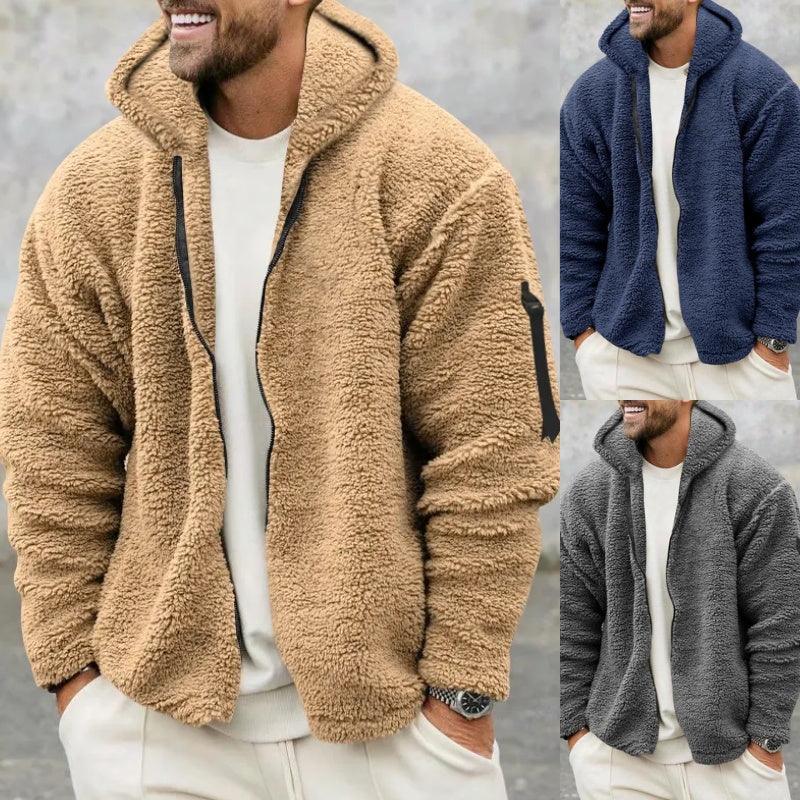 Plush Hooded Jacket Men's Autumn And Winter Fleece Double-sided Wear Warm Coat With Zipper Loose Casual Jacket Outdoor Clothing - My Store