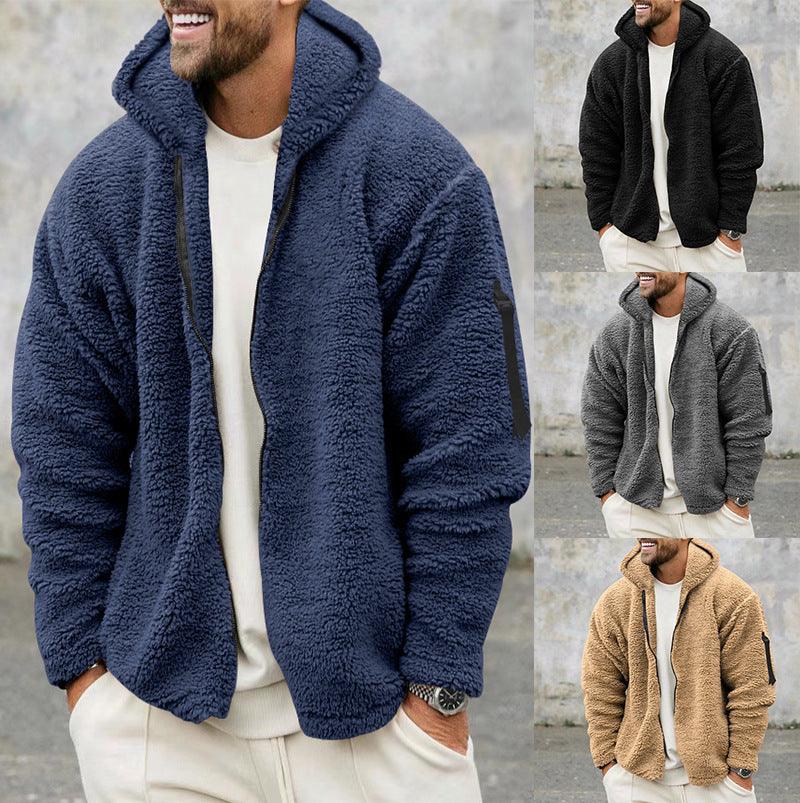 Plush Hooded Jacket Men's Autumn And Winter Fleece Double-sided Wear Warm Coat With Zipper Loose Casual Jacket Outdoor Clothing - My Store