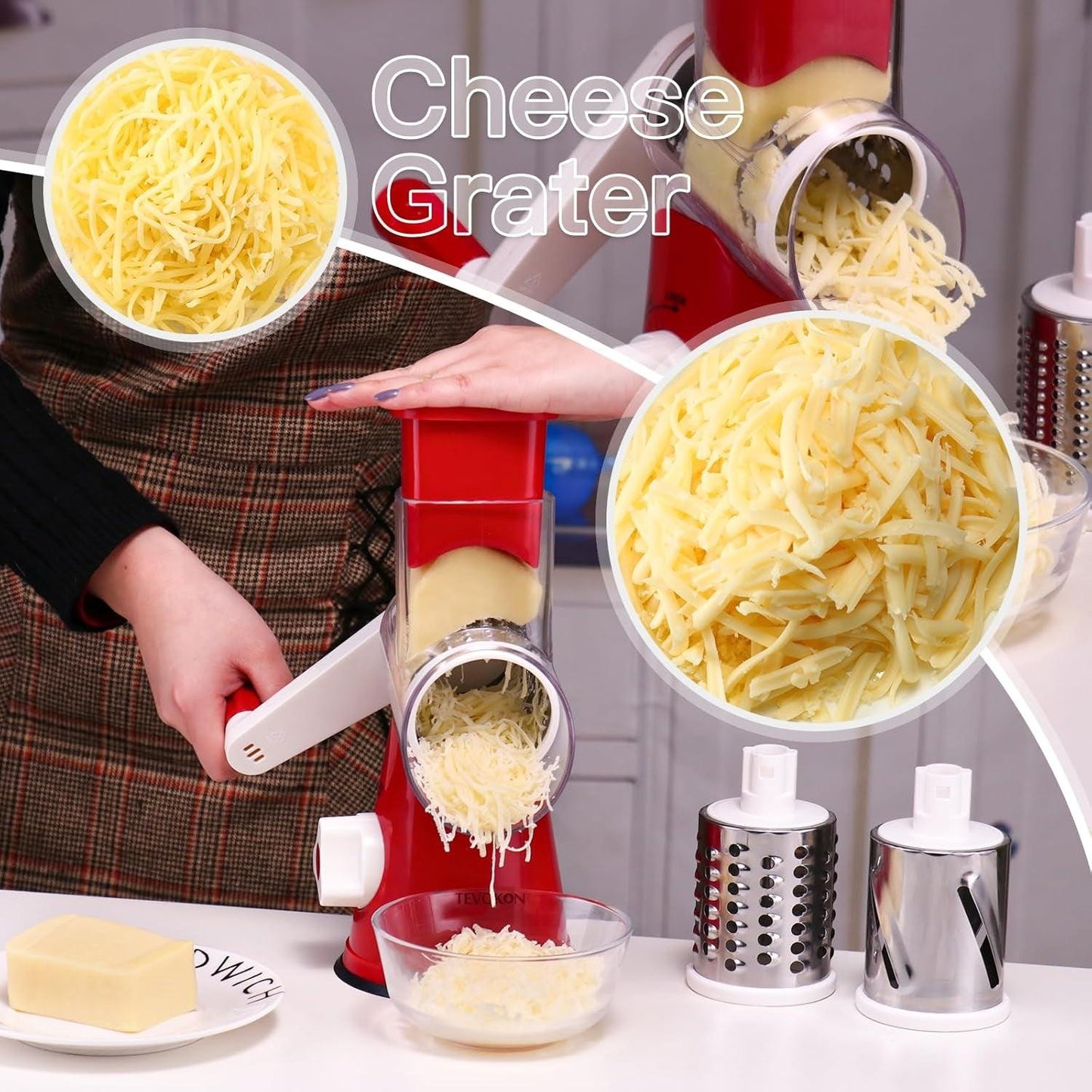 Manual Rotary Cheese Grater round Mandoline 3 Drum Blades Vegetable Slicer with Non-Slip Base Cheese Shredder Walnuts Grinder with Cleaning Brush Vegetarian Peeler Red - My Store