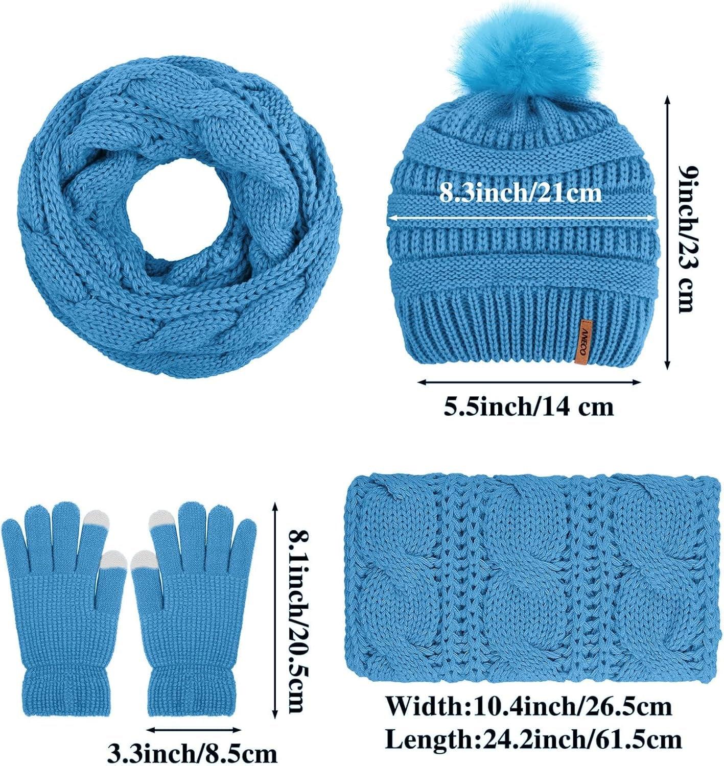 Womens Winter Warm Sets Knitted Fur Pompoms Beanie Hat Circle Loop Scarf Touch Screen Gloves Winter Favor Accessories - My Store