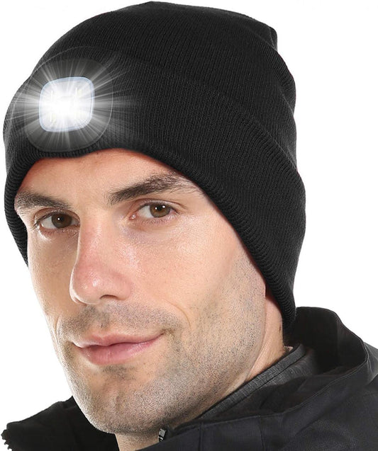 LED Lighted Beanie, Unisex Warm Knitted Hat, Rechargeable Headlamp Cap for Outdoors, Tech Gift for Men Dad Father Him - My Store