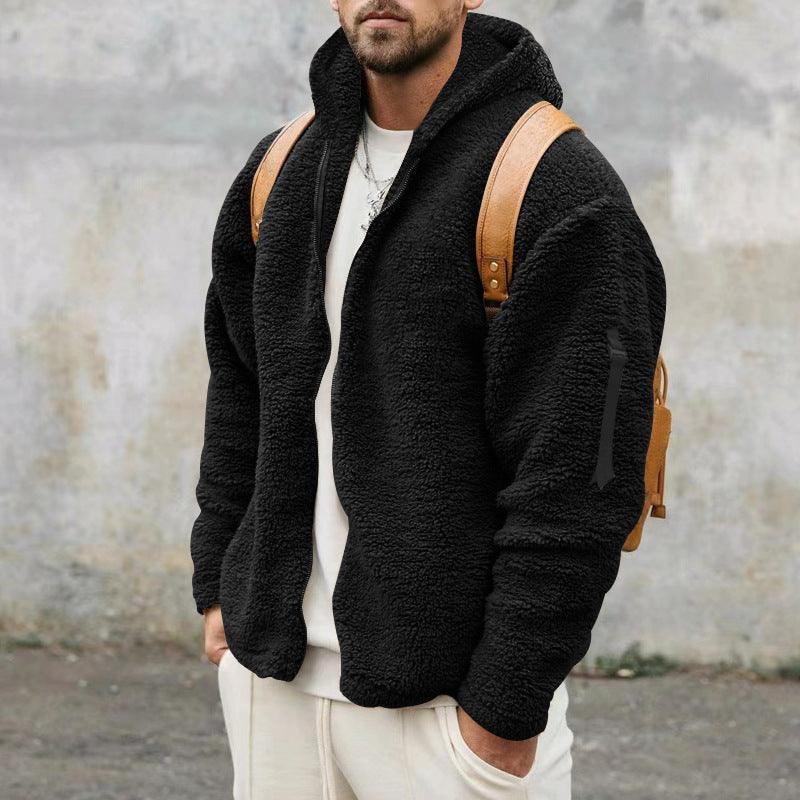 Plush Hooded Jacket Men's Autumn And Winter Fleece Double-sided Wear Warm Coat With Zipper Loose Casual Jacket Outdoor Clothing - My Store