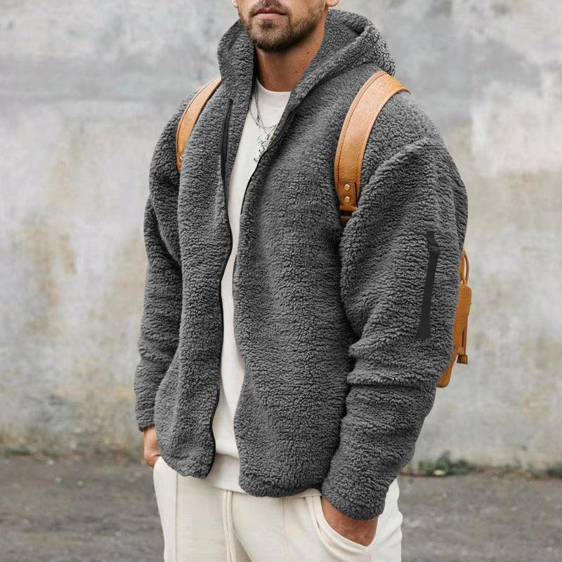 Plush Hooded Jacket Men's Autumn And Winter Fleece Double-sided Wear Warm Coat With Zipper Loose Casual Jacket Outdoor Clothing - My Store