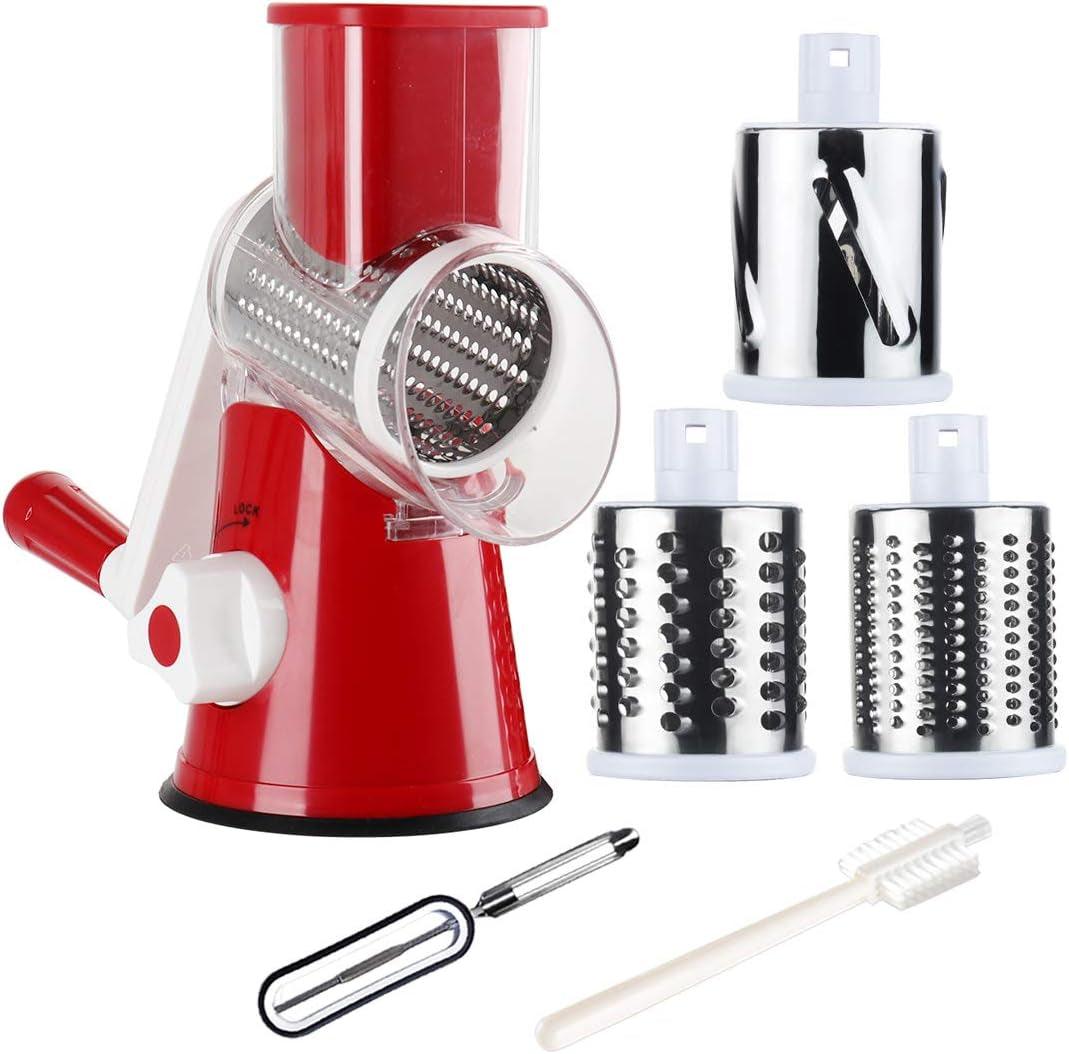 Manual Rotary Cheese Grater round Mandoline 3 Drum Blades Vegetable Slicer with Non-Slip Base Cheese Shredder Walnuts Grinder with Cleaning Brush Vegetarian Peeler Red - My Store