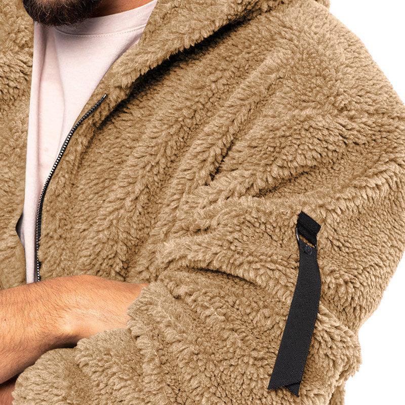 Plush Hooded Jacket Men's Autumn And Winter Fleece Double-sided Wear Warm Coat With Zipper Loose Casual Jacket Outdoor Clothing - My Store