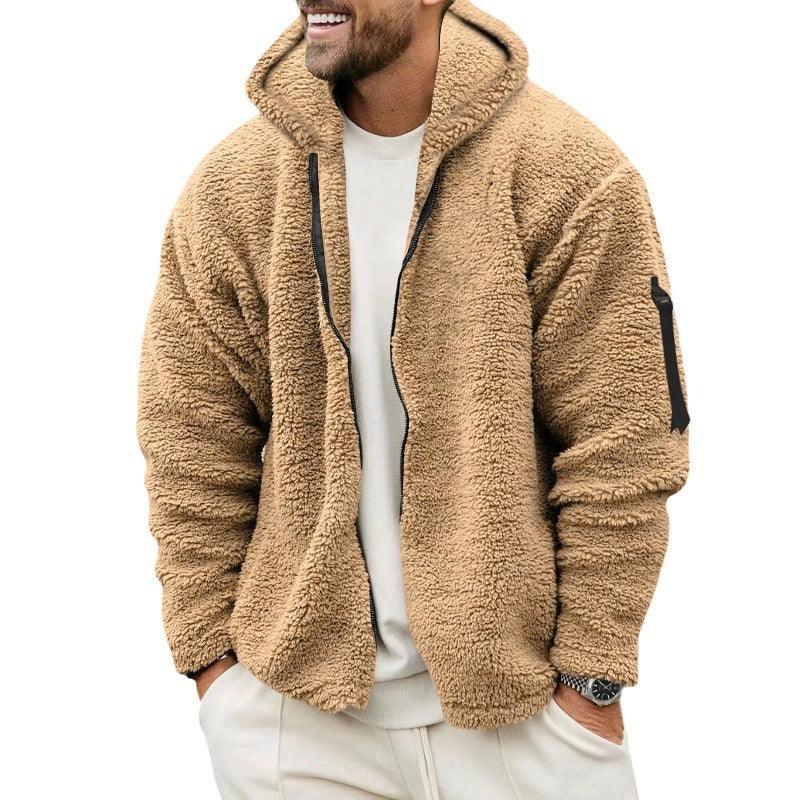 Plush Hooded Jacket Men's Autumn And Winter Fleece Double-sided Wear Warm Coat With Zipper Loose Casual Jacket Outdoor Clothing - My Store