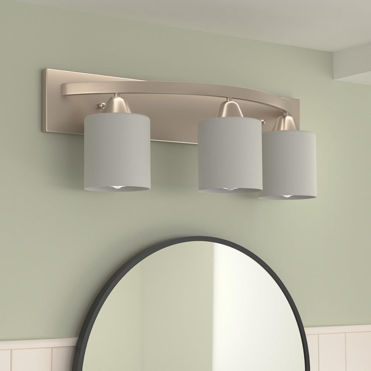 Bathroom Vanity Light Fixture | Interior Bathroom Lighting Bar with Modern Milk Glass Shade | Bathroom Lights over Mirror | Brushed Nickel, 3 Lights, E26 100W LED, Bulbs Not Included - My Store