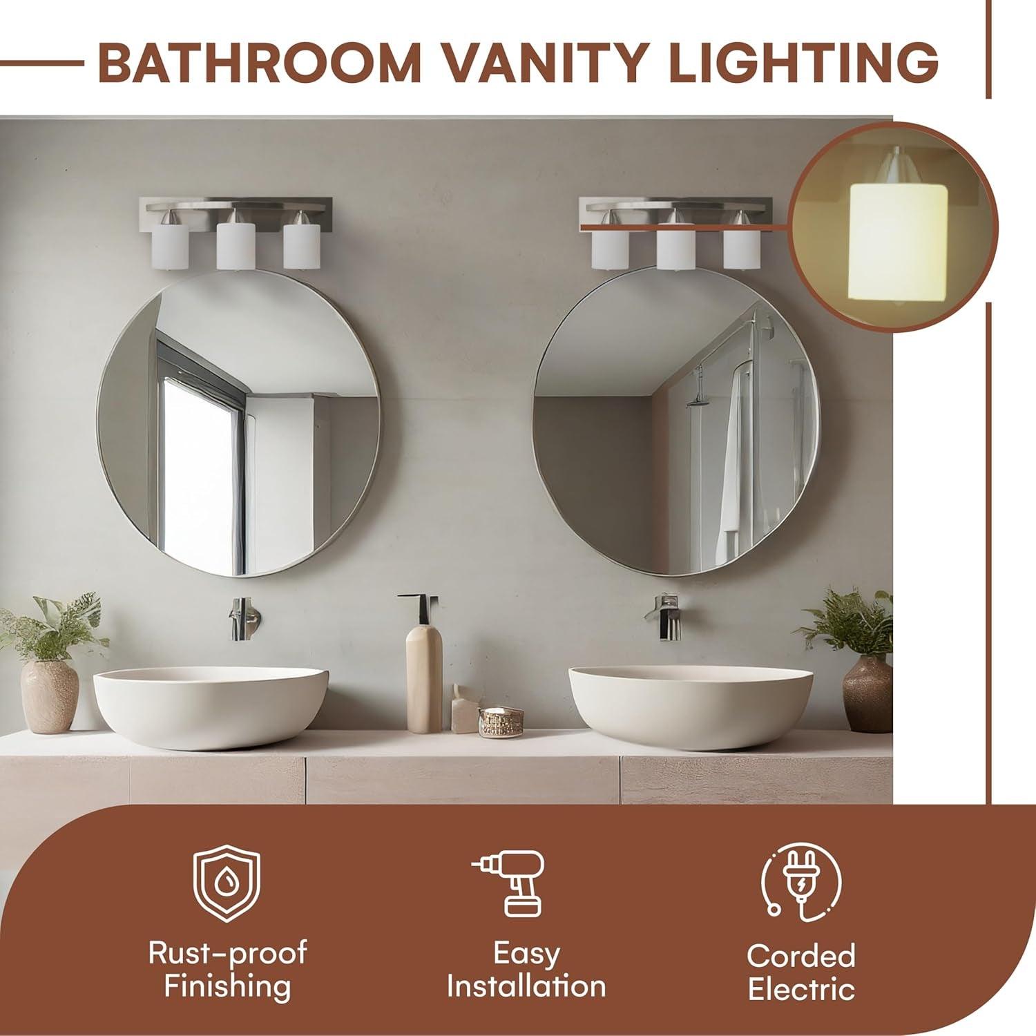 Bathroom Vanity Light Fixture | Interior Bathroom Lighting Bar with Modern Milk Glass Shade | Bathroom Lights over Mirror | Brushed Nickel, 3 Lights, E26 100W LED, Bulbs Not Included - My Store