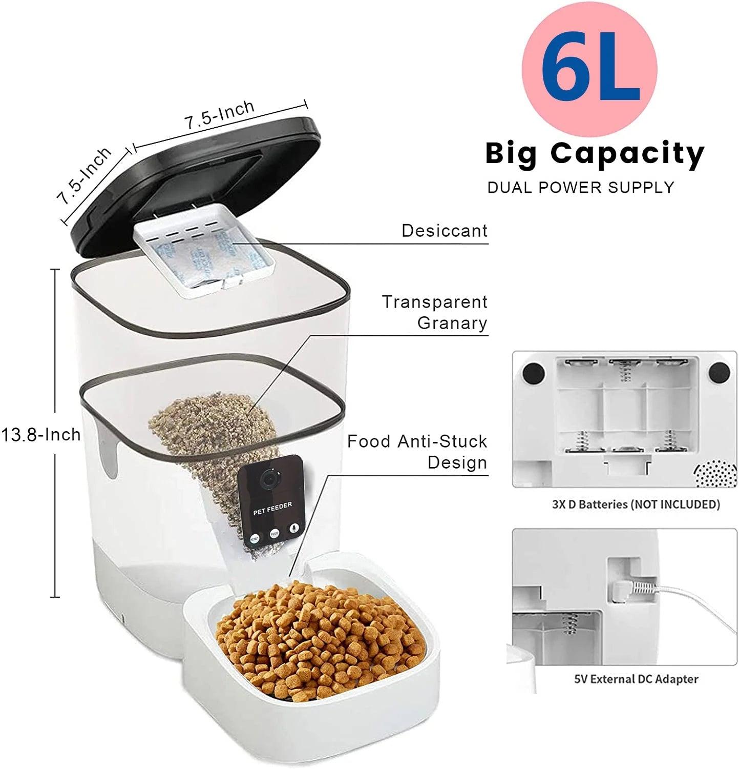 Pet Feeder,6L Automatic Pet Feeder for Cats and Dogs,1080P Camera,App Control,Voice Recorder,Timed Feeder for Schedule Feeding, Dual Power Supply,Wifi Pet Food Dispenser with App Control - My Store