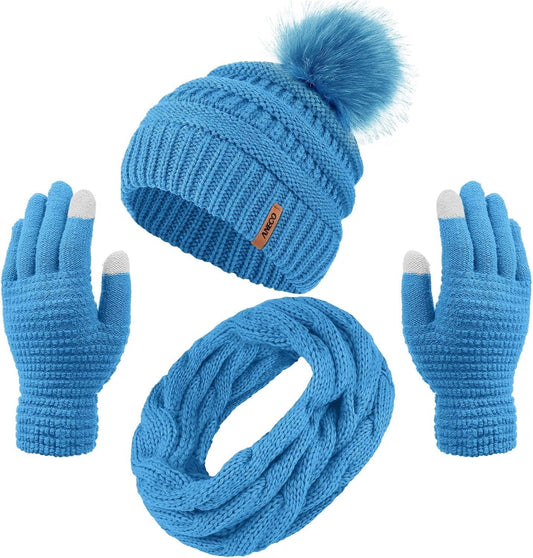 Womens Winter Warm Sets Knitted Fur Pompoms Beanie Hat Circle Loop Scarf Touch Screen Gloves Winter Favor Accessories - My Store