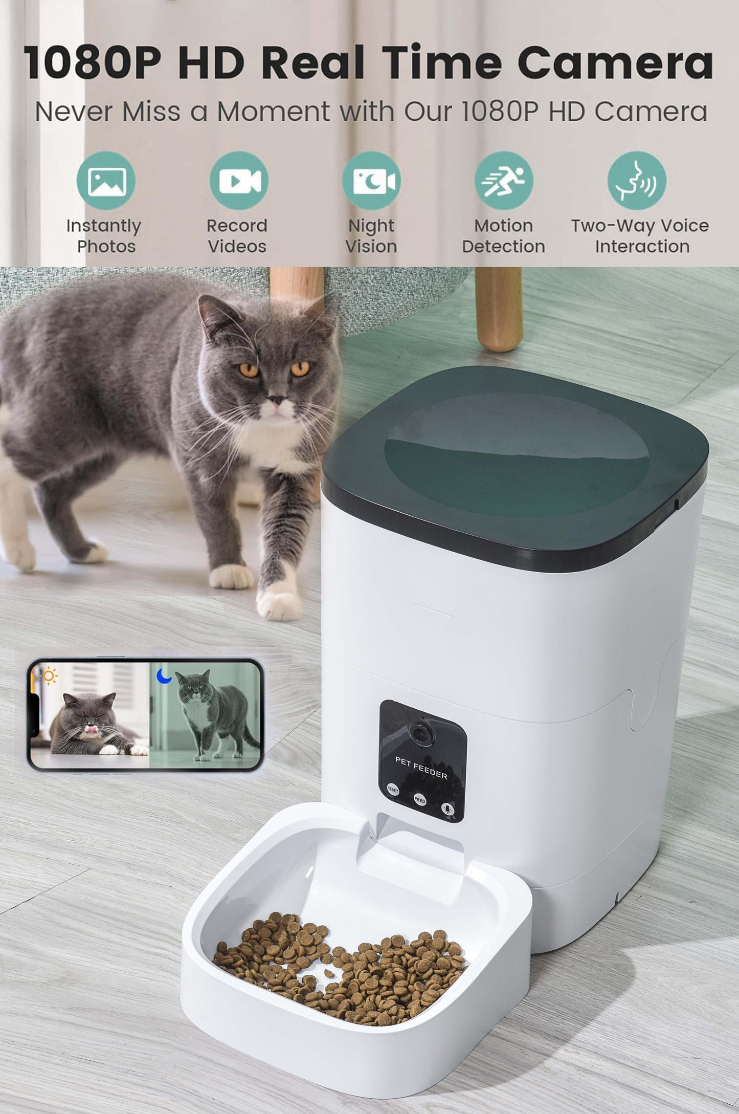 Pet Feeder,6L Automatic Pet Feeder for Cats and Dogs,1080P Camera,App Control,Voice Recorder,Timed Feeder for Schedule Feeding, Dual Power Supply,Wifi Pet Food Dispenser with App Control - My Store