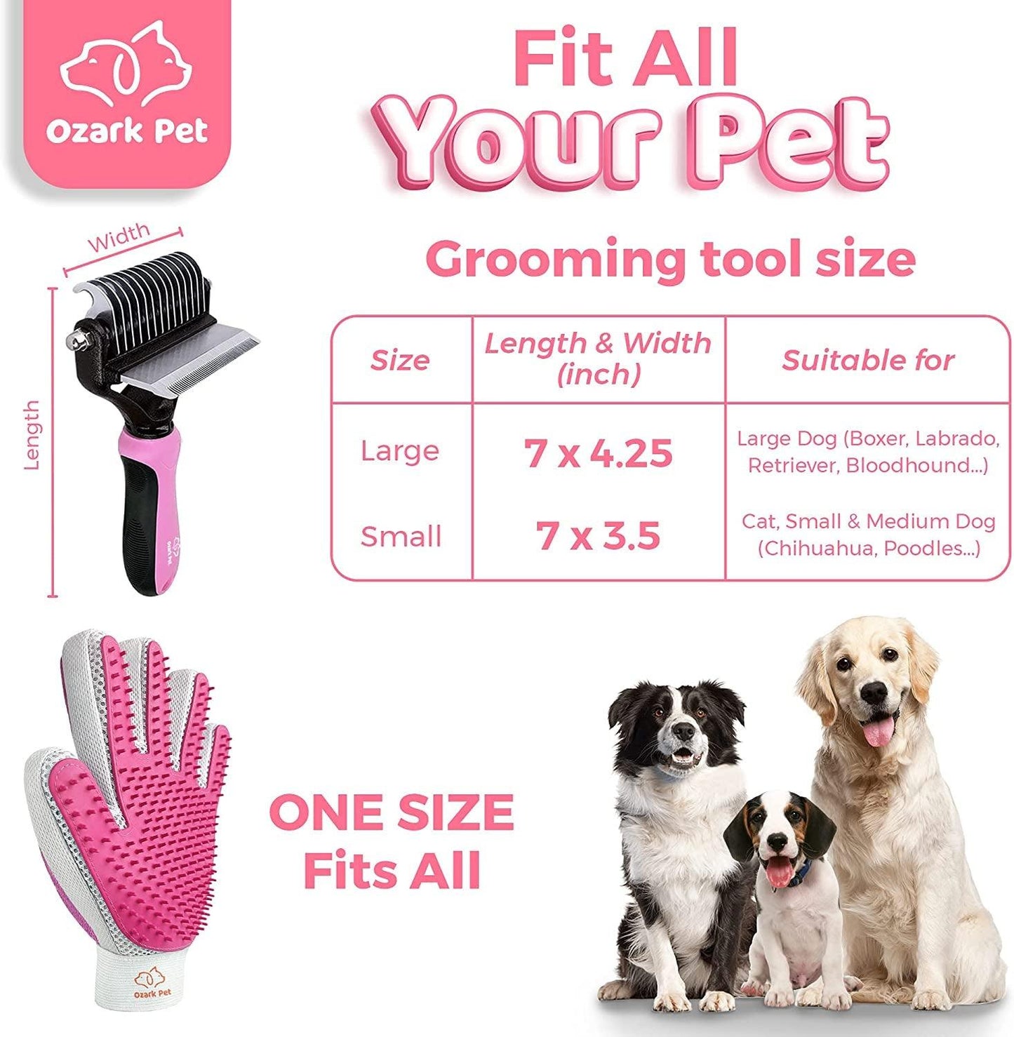 Dog & Cat Brush-Deshedding Brush, Dematting Tools, Shedding Brush Glove, Reduces Shedding up to 95%, for Short to Long Hair, Small to Medium Breeds, Pink - My Store